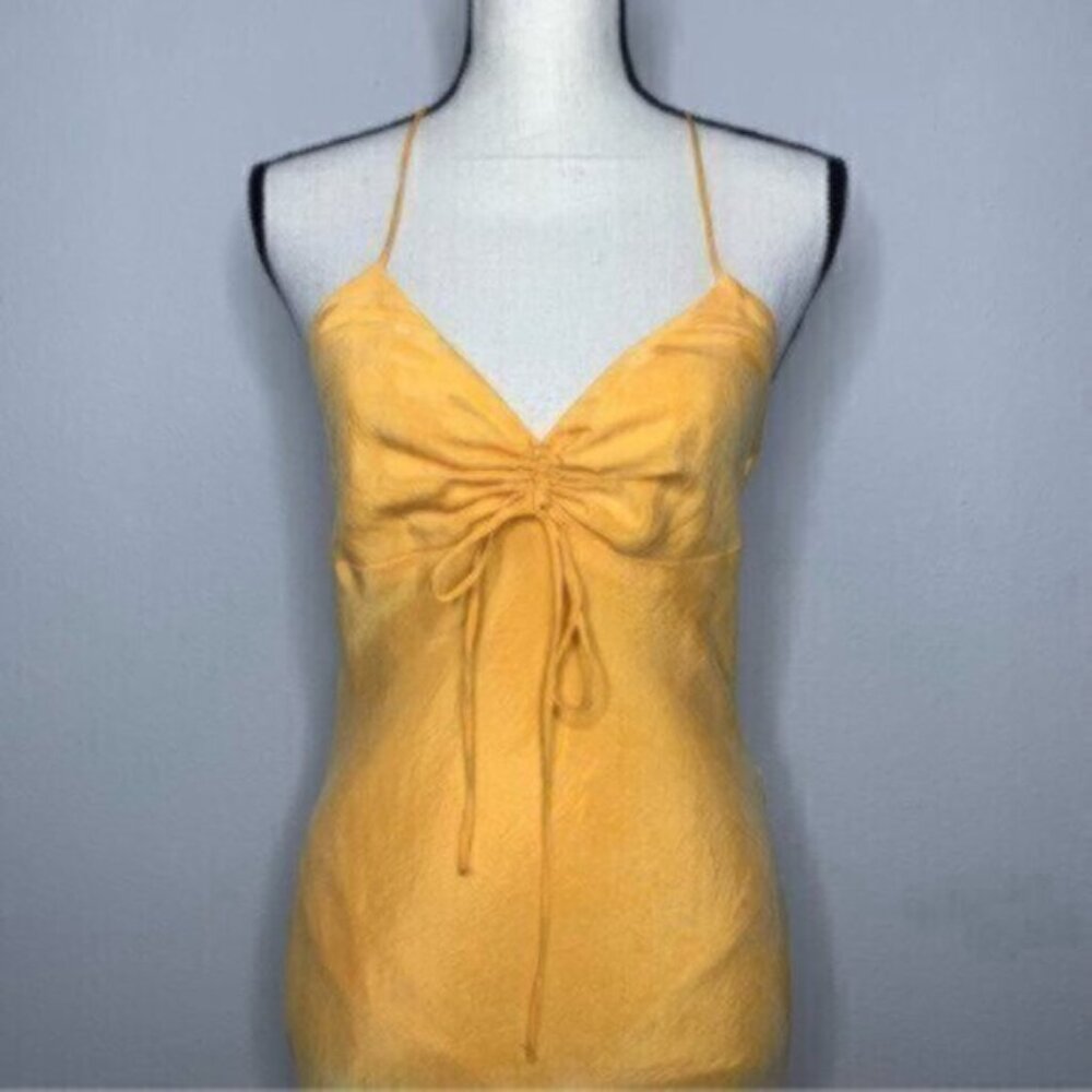 NWT Zara Tangerine Satin Effect Ruched Detail Slip Midi Dress - Picture 3 of 11